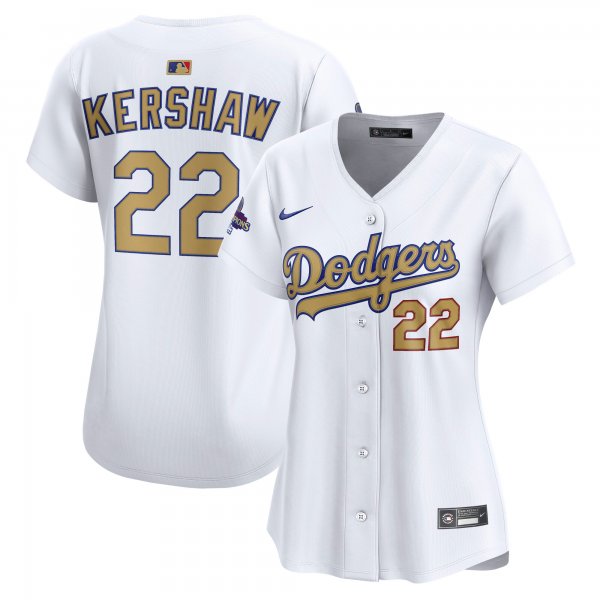 Women's #22 Clayton Kershaw Los Angeles Dodgers Nike 2025 Gold Collection Limited White Jersey